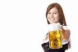Smiling woman in Dirndl dress holds Oktoberfest beer stein (Mass)