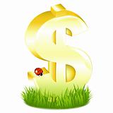 Golden Dollar Sign In Grass With Ladybug