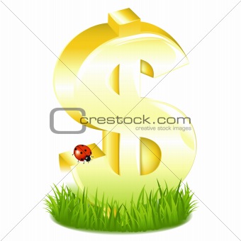 Golden Dollar Sign In Grass With Ladybug
