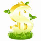 Golden Dollar Sign With Green Leaves In Grass