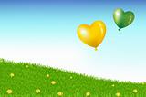 Balloons Above Grass Hill With Yellow Dandelions