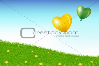 Balloons Above Grass Hill With Yellow Dandelions