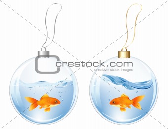 New Year Balls With Fishes In Water