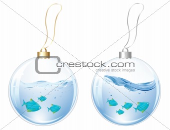 New Year Balls With Blue Fishes In Water