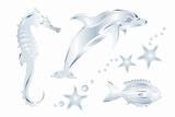Set Of Silver Sea Animals, Isolated on White