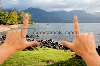 Hands Framing Beautiful Hanalei Bay Late One Summer Afternoon.