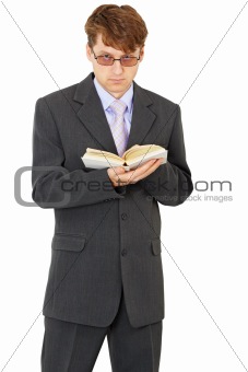 People with book in hands standing on white