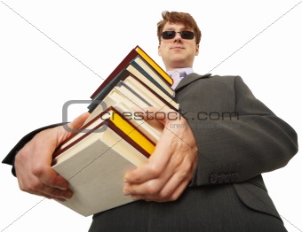 Self-satisfied person in black glasses with books