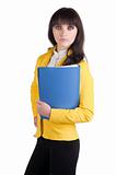 Young woman in yellow suit with the office folder. 