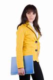 Young woman in yellow suit with the office folder.
