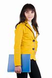 Young woman in yellow suit with the office folder. 