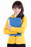 Young woman in yellow suit with the office folder.