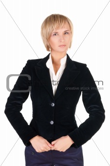 resolute blond woman in suit.