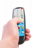 Hand holding television remote. 