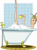 Blonde taking a warm bath, with sponge.