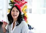 Positive businesswoman celebrating christmas