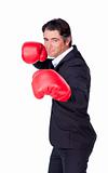 Attractive businessman wearing boxing gloves
