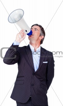 Businessman giving orders through a megaphone