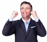 Happy Businessman throwing up his arms in the air in celebration