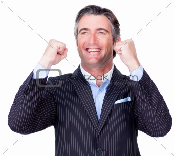 Happy Businessman throwing up his arms in the air in celebration