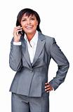 Hispanic businesswoman on phone