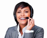 Close-up of a happy customer service agent with headset on