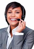 Young hispanic customer service agent with headset on 