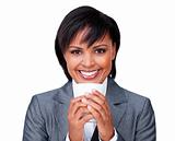 Young businesswoman drinking a cup of tea