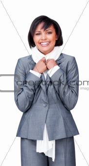 Smiling businesswoman wearing a white scarf 