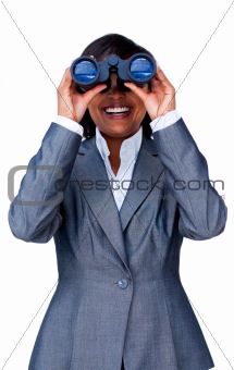 Young hispanic businesswoman using binoculars 