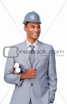 Young afro-american architect wearing a hardhat 