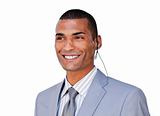Confident businessman with headset on against