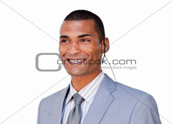 Confident businessman with headset on against