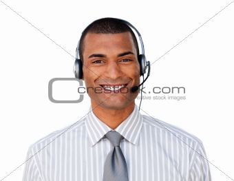 Young ethnic customer service agent with headset on