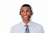 Smiling young customer service agent with headset on