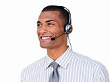 Confident Afro-american customer service agent with headset on