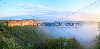 Morning misty view from top of Mangup ancient settlement