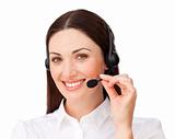 Young businesswoman with headset on 