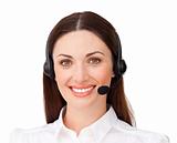 Positive customer service agent using headset