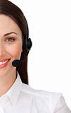 Confident businesswoman with headset on