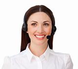 Smiling attractive businesswoman with headset on 