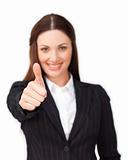 Attractive businesswoman with thumb up 