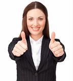 Young businesswoman with thumbs up 