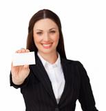 Young businesswoman holding a white card 
