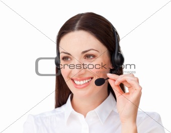Attractive businesswoman with headset on 