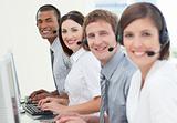 Customer service agents with headset on 