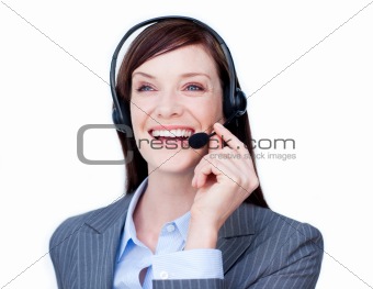 Laughing customer service agent with headset on 