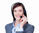 Portrait of a young businesswoman with headset on 