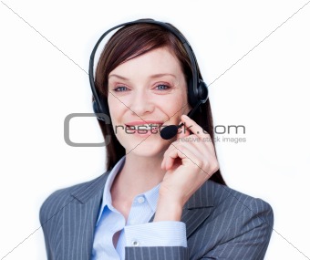 Portrait of a young businesswoman with headset on 