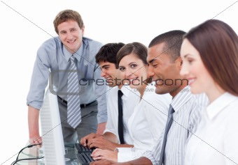 Presentation of businesspeople working at computers